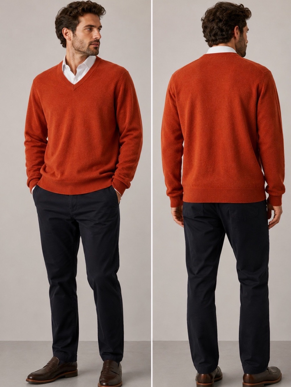 Black Brown 1826 Men's V-Neck Cashmere Sweater in Burnt Orange